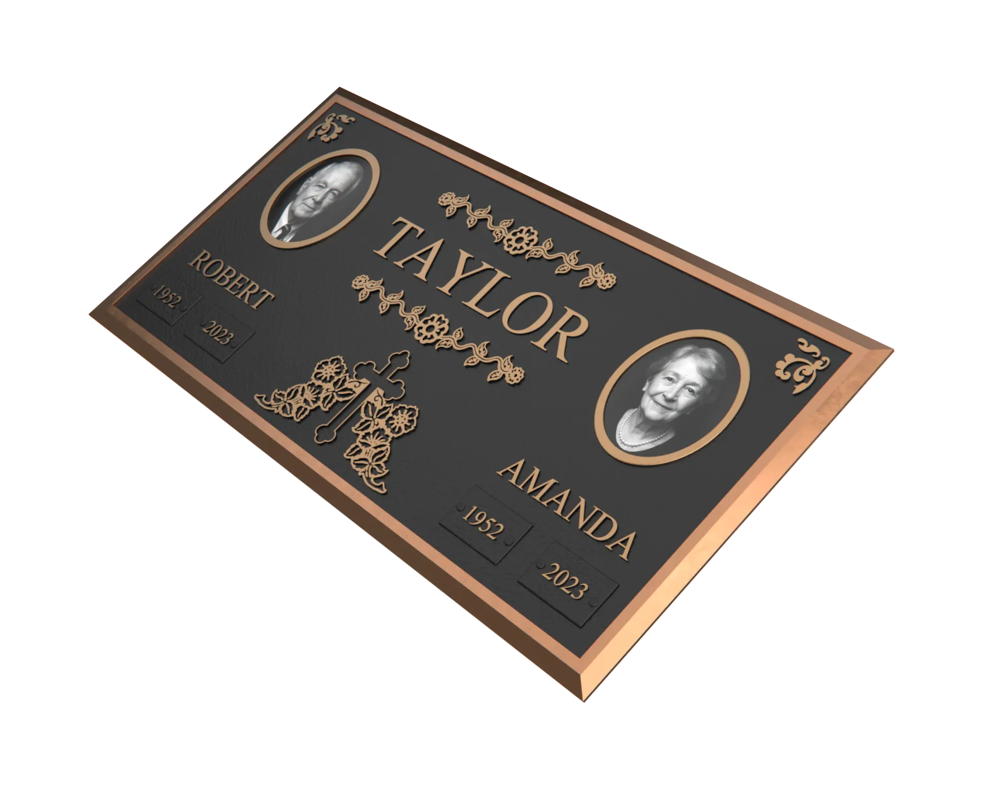 Custom cast bronze memorial plaque with portraits and lettering by Legacy Bronze