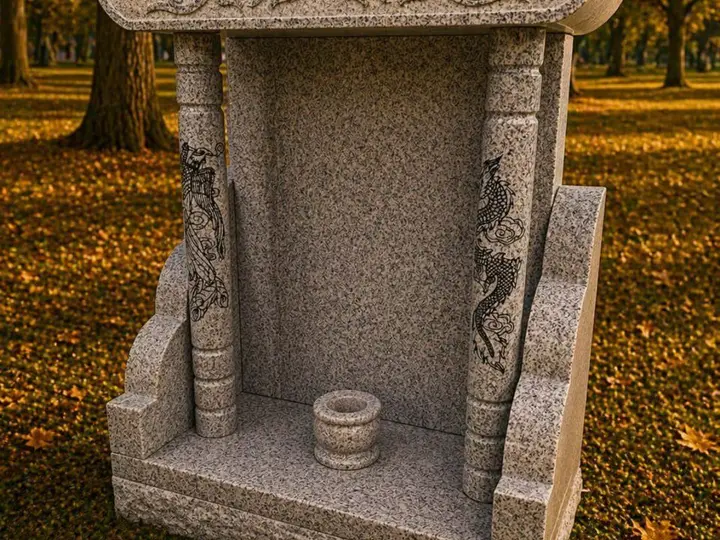 Asian Shrine Memorial with Carved Pagoda Roof