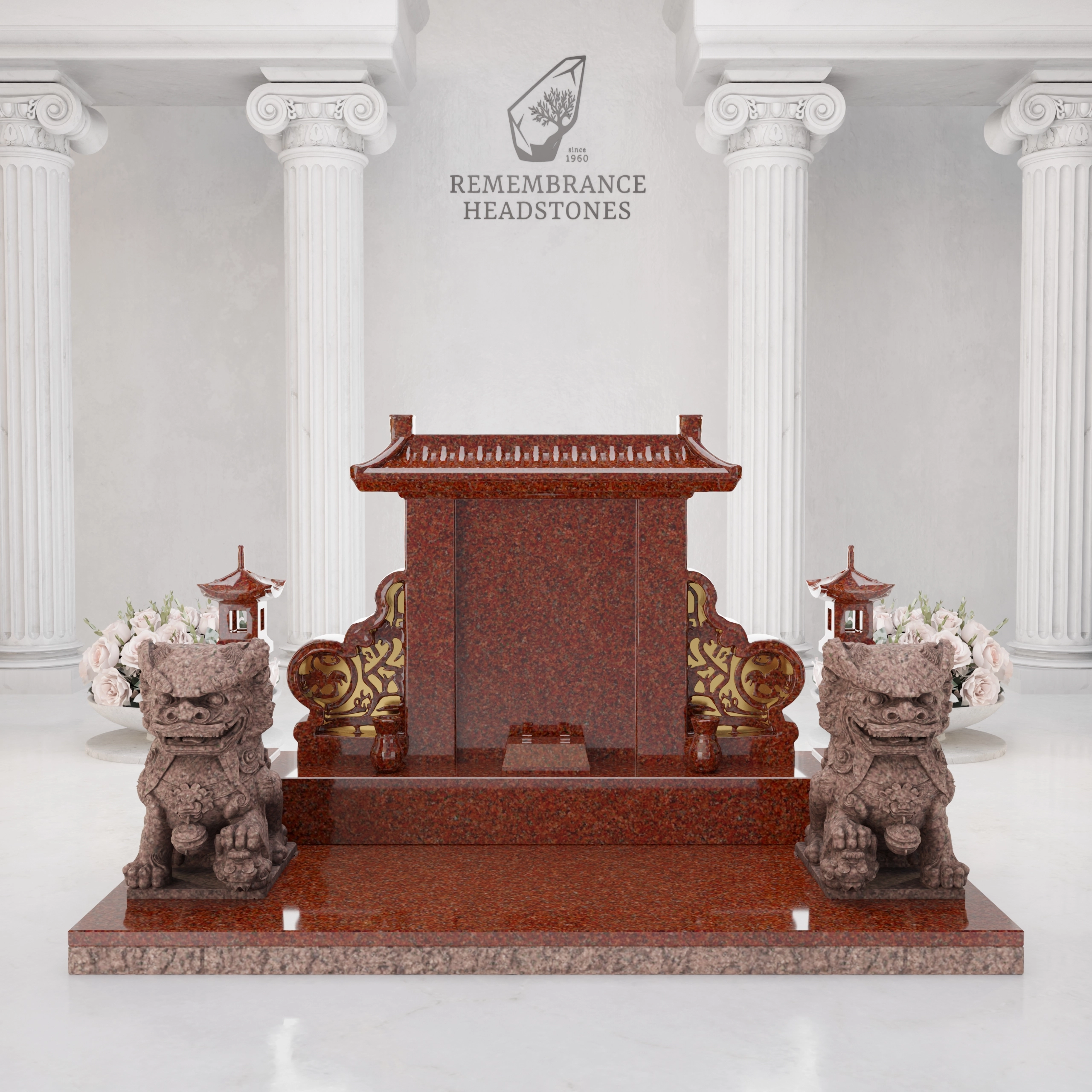 Luxury Chinese Guardian Lion Granite Memorial view 3