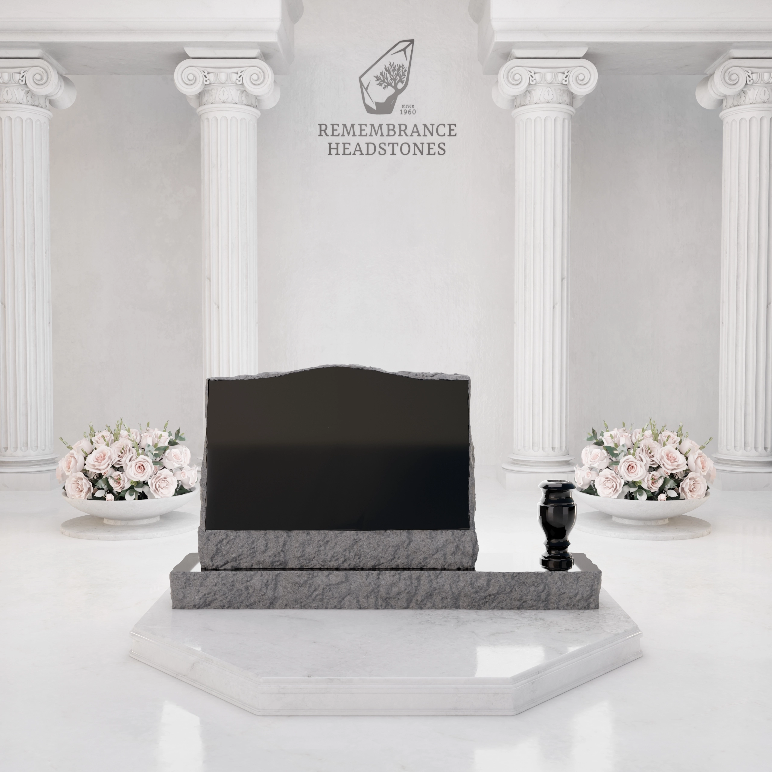 Premium Slant Granite Headstone with Rock-Pitched Edge, Rose Motif & Vase view 3