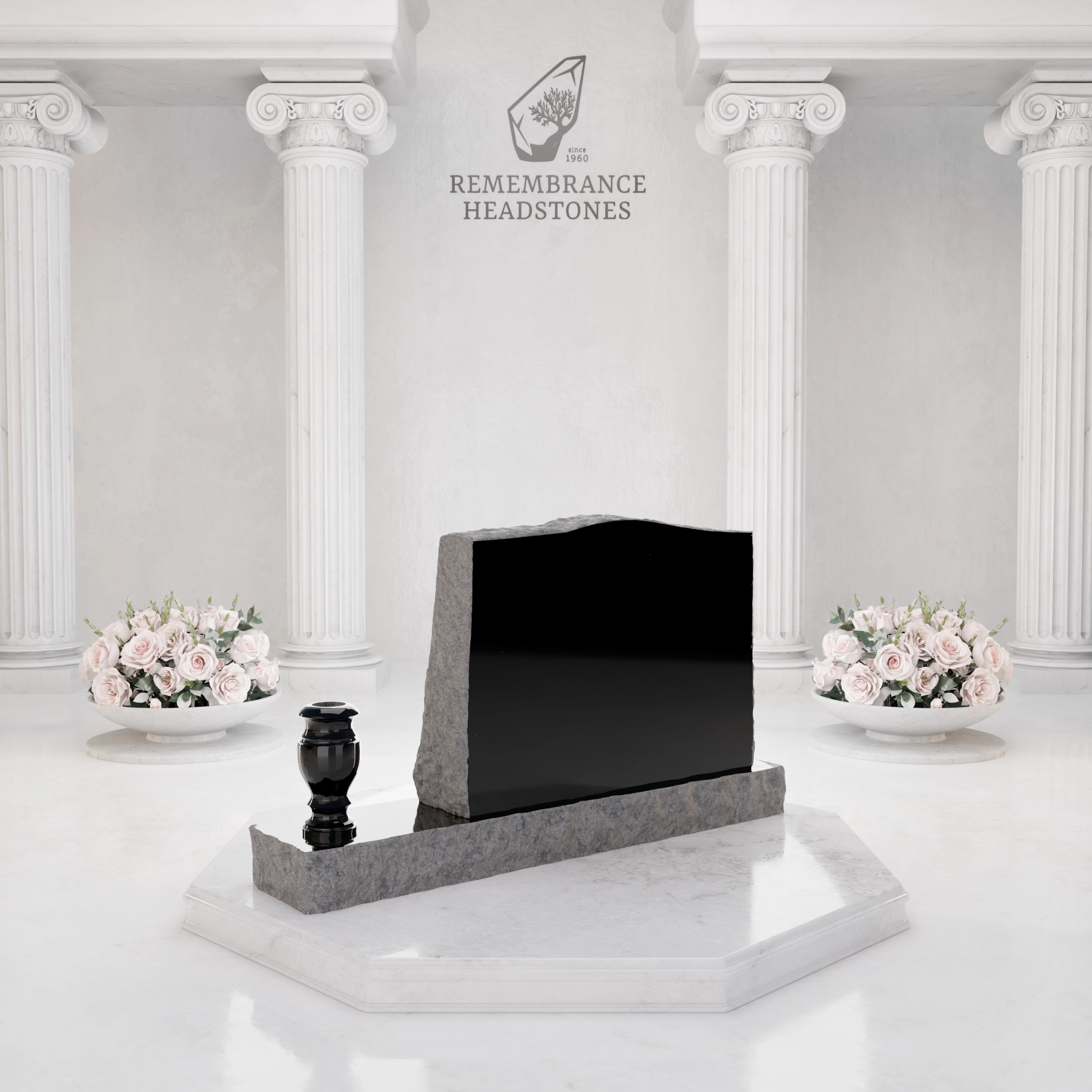 Premium Slant Granite Headstone with Rock-Pitched Edge, Rose Motif & Vase view 3
